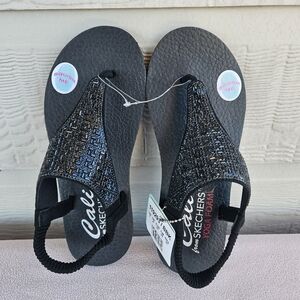 Skechers Meditation Glamorous Muse Slingback Thong Sandall Black Women SZ 7